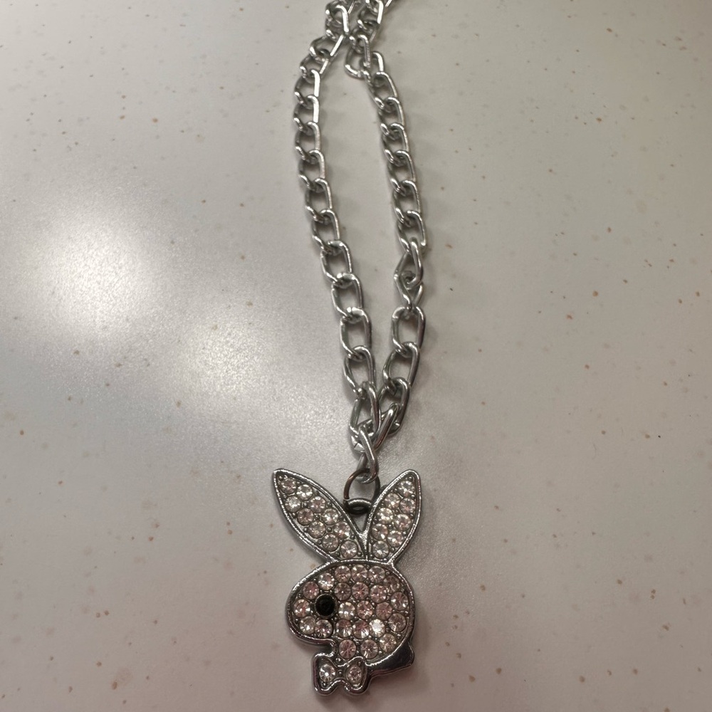 Playboy Silver Rhinestone Bunny Pendant Necklace Lobster Clasp 17 Inches